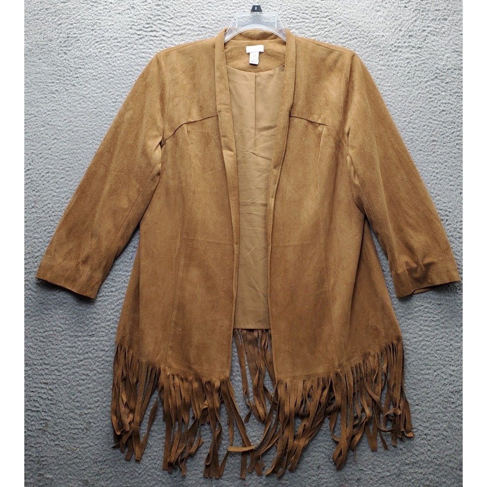 Chico's Faux Suede Waterfall Jacket Womens S Brown Lined Fringe Hem Open Front